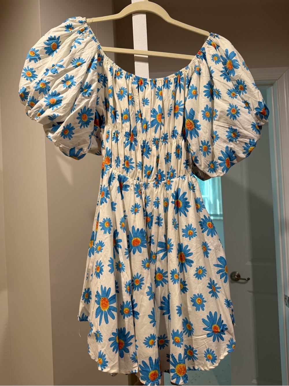 Blue Daisy Strapless Puff-Sleeve Dress